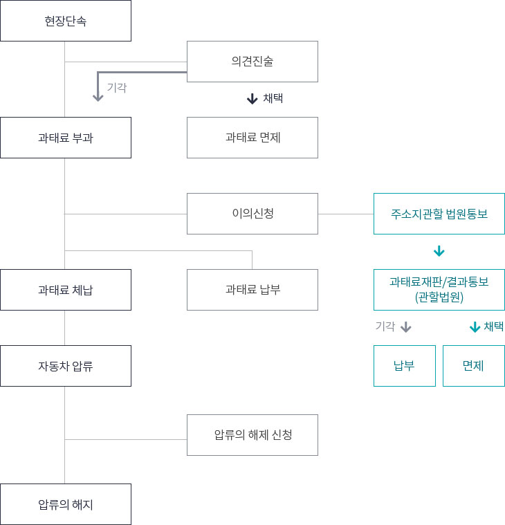 현장단속을 통해 위반이 확인되면 의견진술을 통해 채택이 된 경우 과태료가 면제되며 기각될 경우 과태료가 부과더됨. 과태료가 부과에 대하여 이의신청을 제기하면 주소지관할 법원으로 넘어가며 관할법원에서 과태료 재판이 이루어짐. 이의제기가 채택이 되면 면제, 기각일 경우 납부하게 됨. 만약 과태료를 체납하게 되면 자동차압류가 이루어지게 되며 압류의 해제를 신청할 경우 이를 받아들이게 되면 압류가 해지됨