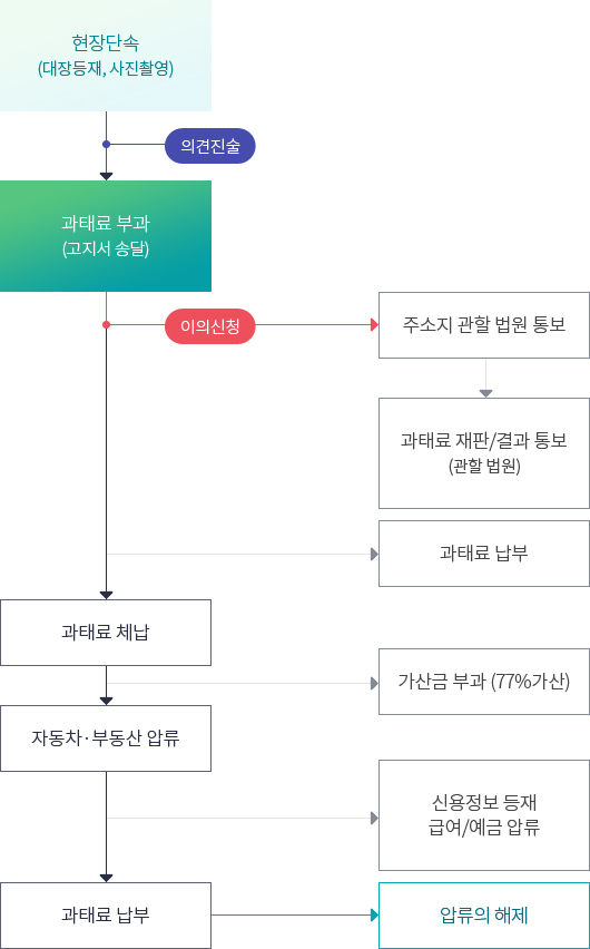 현장단속(대장등재,사진촬영) → 의견진술 → 과태료부과(고지서송달) → 이의신청 → 주소지 관할 법원 통보 → 과태료 재판/결과 통보(관할 법원) → 과태료 납부 → 과태료 체납 → 가산금 부과(77%) → 자동차,부동산 압류 → 신용정보 등재 급여/예금 압류 → 과태료 납부 → 압류해제